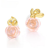 Pink Crystal Rose Bee and Leaf Zircon Silver Stud Earrings